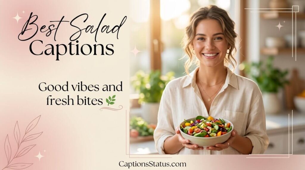 Young woman smiling at the camera with salad bowl for Instagram salad captions post