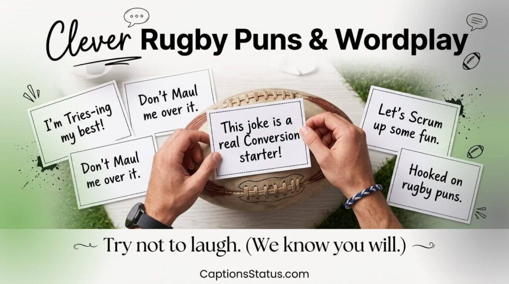 Playful composition of flat lay rugby gear with handwritten cards and bright background- Clever Rugby Puns & Wordplay for Social Media