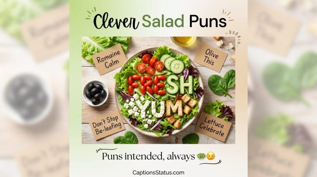Clever salad with creative wordplay cards and pun text