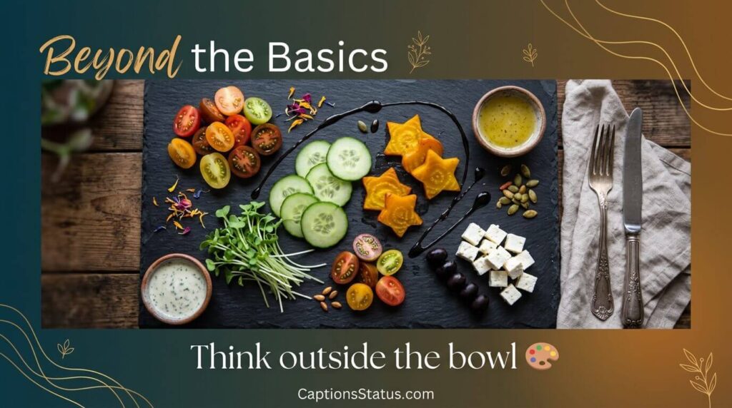 Creative unique bowl salad beyond basic captions, artistic presentation