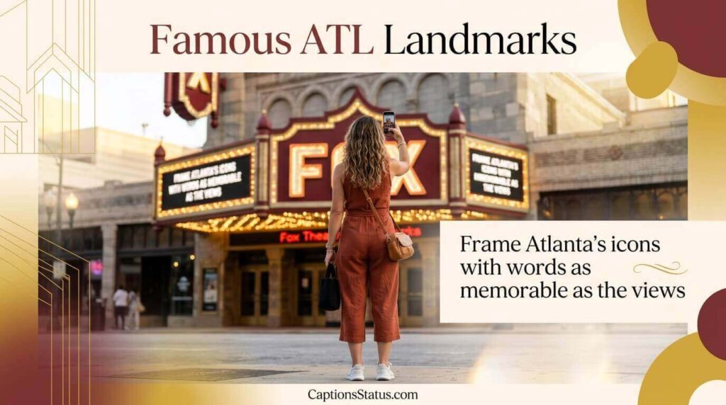 Atlanta landmarks like Fox Theatre, Solo traveler shooting photos with line "Famous ALT Landmark captions" on it.