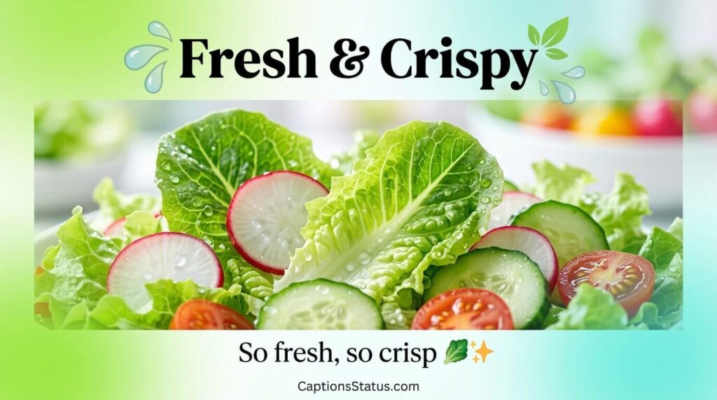 Salad captions wet close up fresh crispy lettuce to see water droplets