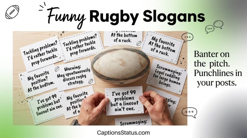 Overhead view of rugby ball and funny slogan cards handwritten with a white background- Funny Rugby Slogans that land the perfect tackle