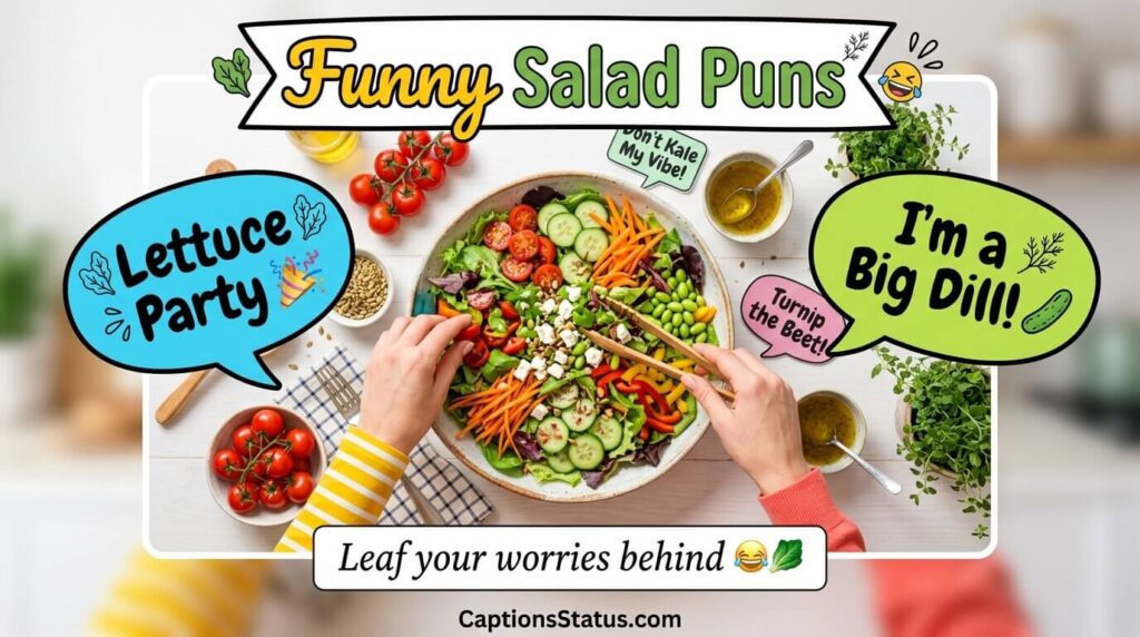 Funny captions salad flat lay with playful salad props and speech bubbles