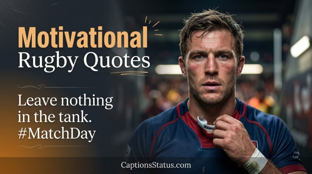 Rugby player pre-match preparation close-up with intense look and dramatic lighting- Motivational Rugby Quotes for Match Day Energy