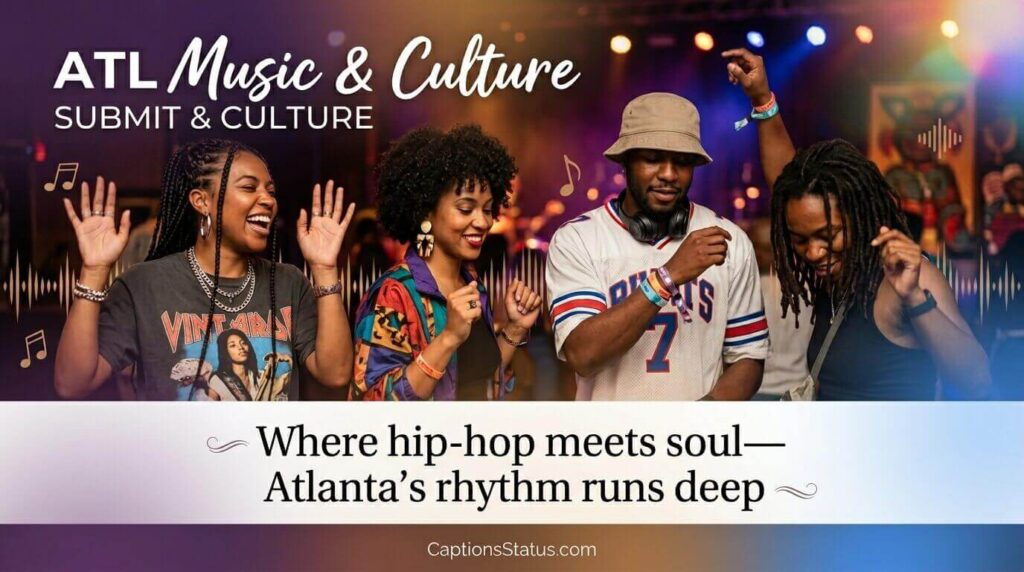 Few friends in the center of Atlanta music and culture scene and text on image "ATL Nightlife and Music Captions".
