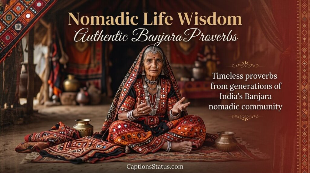 A old Banjara women sitten at center and text "Cultural Banjara Quotes" written on it.