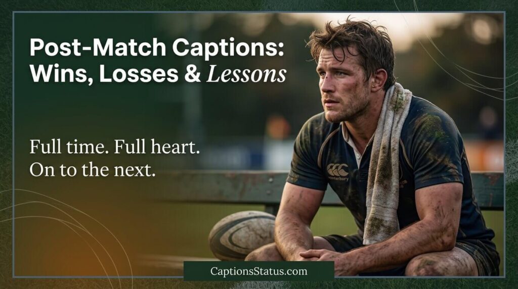 “Post-Match Rugby Captions for Wins, Losses & Lessons” - Reflective rugby player looking away sitting on the bench with muddy kit in the middle of an atmosphere.