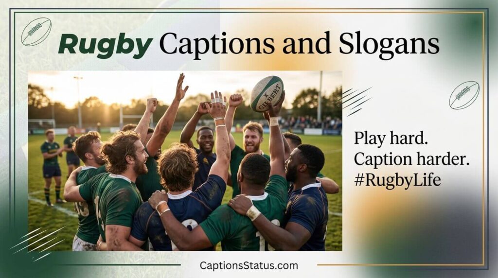 Joyful expressions of a diverse rugby team celebrating a try at a stadium during golden hour, overlay text: Rugby Captions and Slogans- CaptionsStatus.com