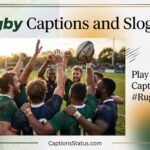 Joyful expressions of a diverse rugby team celebrating a try at a stadium during golden hour, overlay text: Rugby Captions and Slogans- CaptionsStatus.com