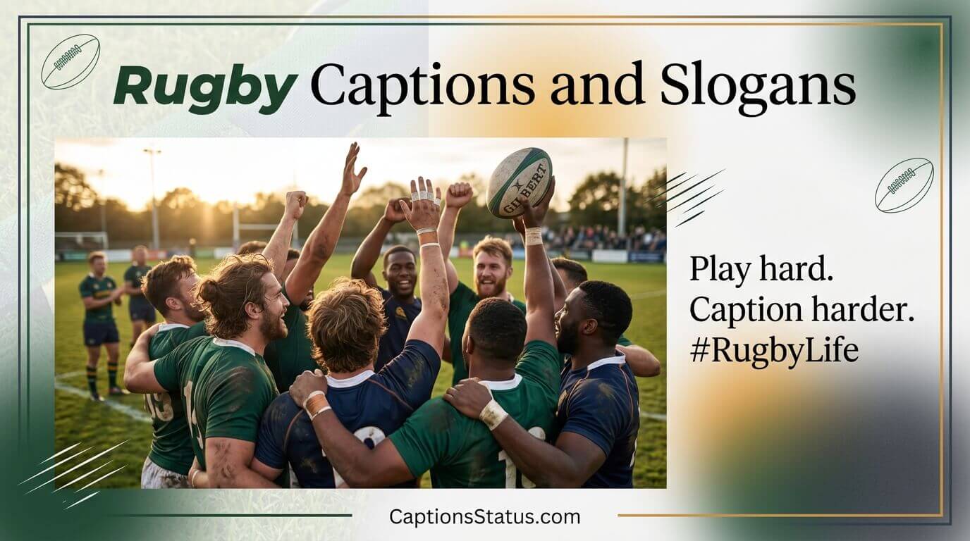 Joyful expressions of a diverse rugby team celebrating a try at a stadium during golden hour, overlay text: Rugby Captions and Slogans- CaptionsStatus.com