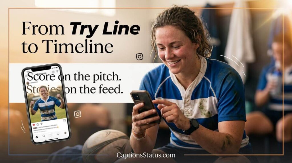 Rugby Player Insta Captions: From Try Line to Timeline” - Rugby player looking satisfied with phone in hand reviewing an Instagram post after the game during golden hour light