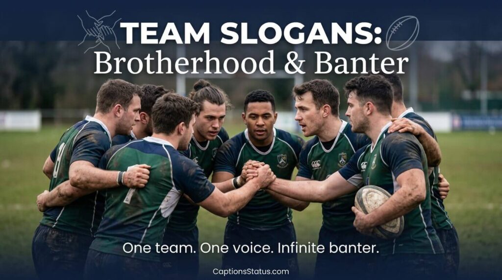 Rugby team huddle pre-match, connected hands, focused faces, authentic kit details- Rugby Team Slogans to Build Brotherhood & Banter