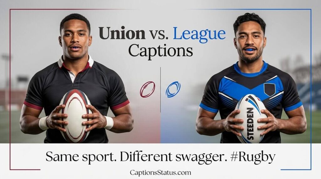 The split image of Rugby Union and Rugby League players in authentic kits with symmetrical poses and a neutral background- Rugby Union vs. League Caption Styles
