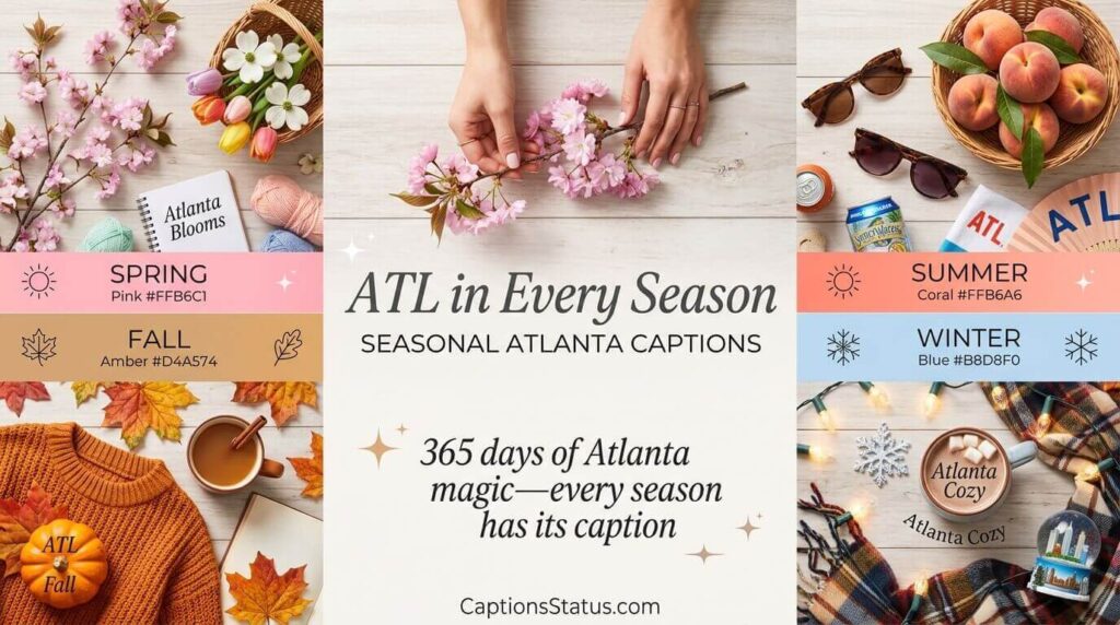 Flat lay four seasons of Atlanta with seasonal caption suggestions