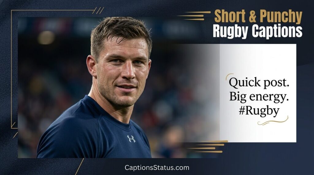 Rugby player with a bold jersey and a moody background at the stadium, determined close-up portrait in action- Short & Punchy Rugby Captions for Quick Posts