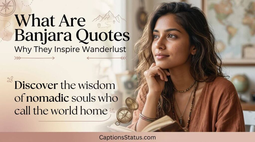 A banjara women smiling and sitted and the text on "Banjara Quotes for Instagram Captions" written on it.