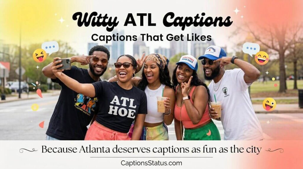 Group of friends taking selfie with Atlanta caption suggestions, the headline showing "Funny Atlanta Captions" text on it.