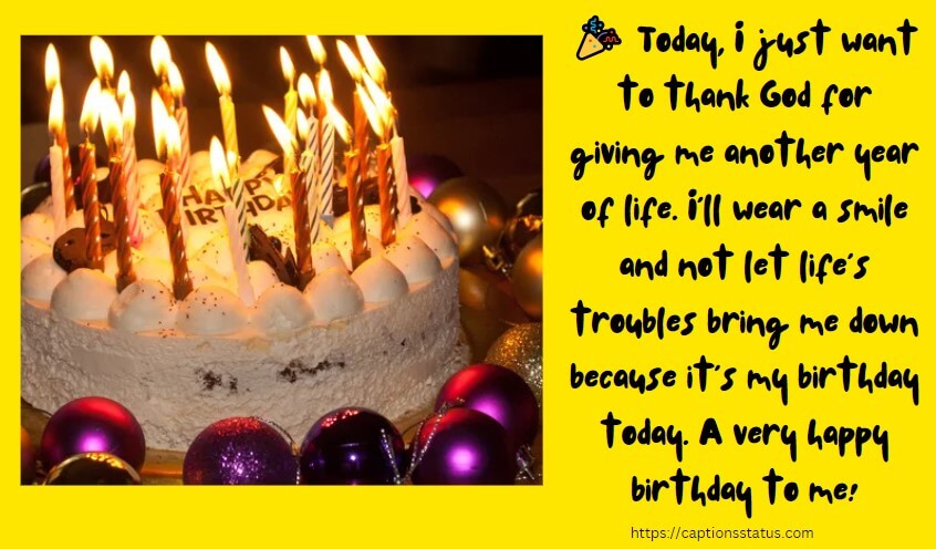Cake with candles, yellow background text written based on Birthday Wishes to Myself