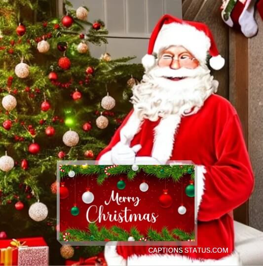 a merry Christmas tree and santa written merry Christmas with mix color background