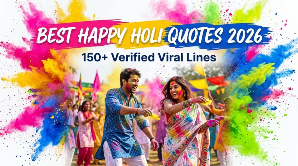 Image showing few couples playing with colors on Holi festival along with title text on image "Best Happy Holi Quotes 2026"