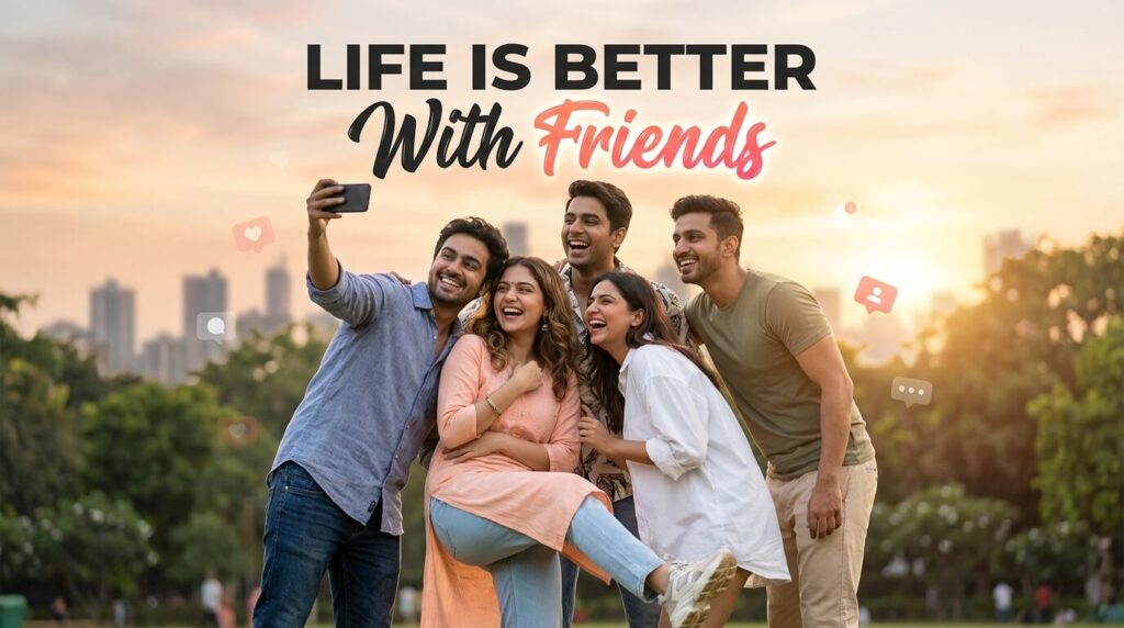 A group of young friends laughing and taking a group selfie outdoors at sunset, showing close friendship, joyful expressions, and a strong group bond.