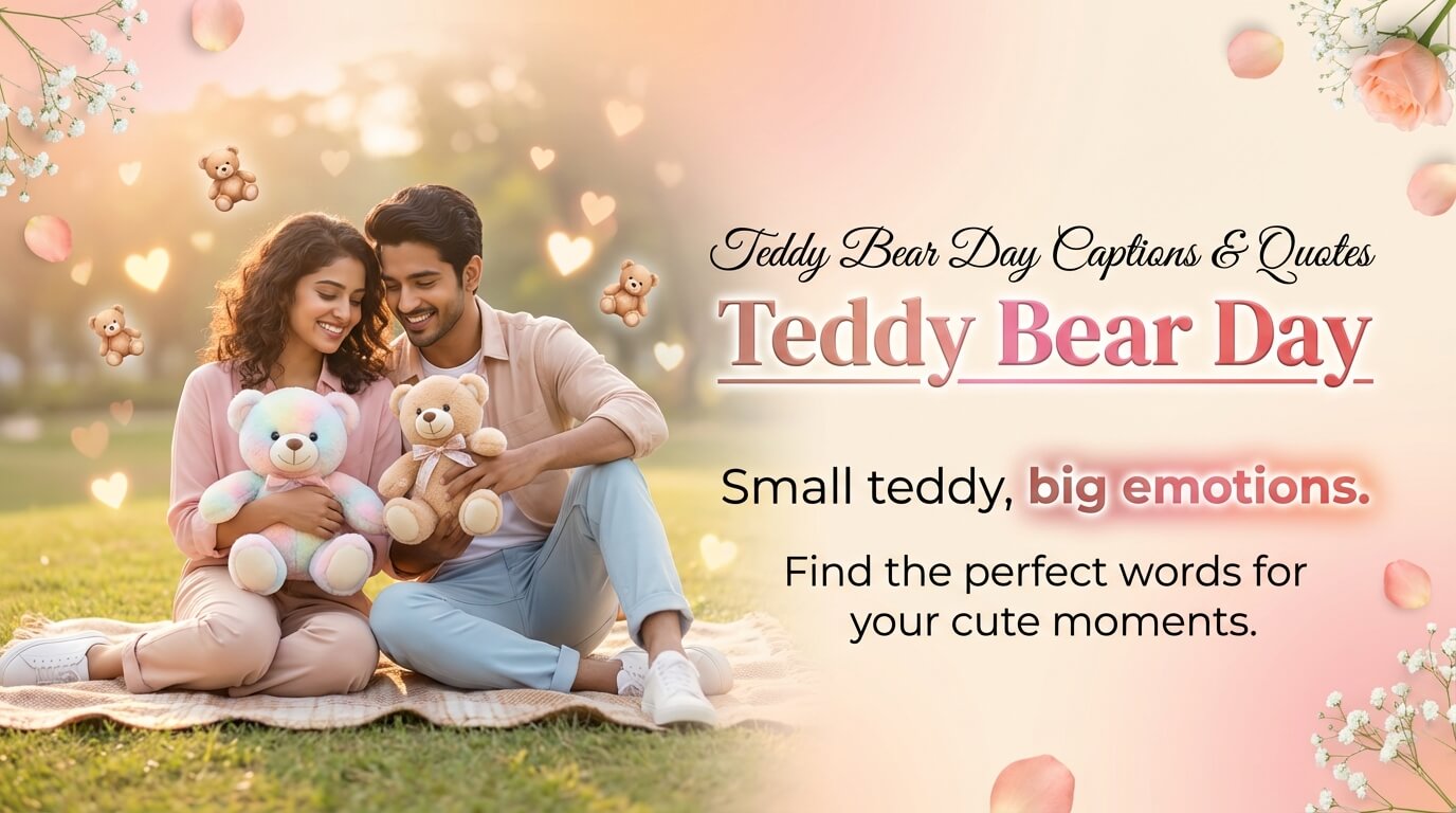 Image showing one couple holding teddy bear in hands...and title "Teddy bear day captions and Quotes" text are written on image