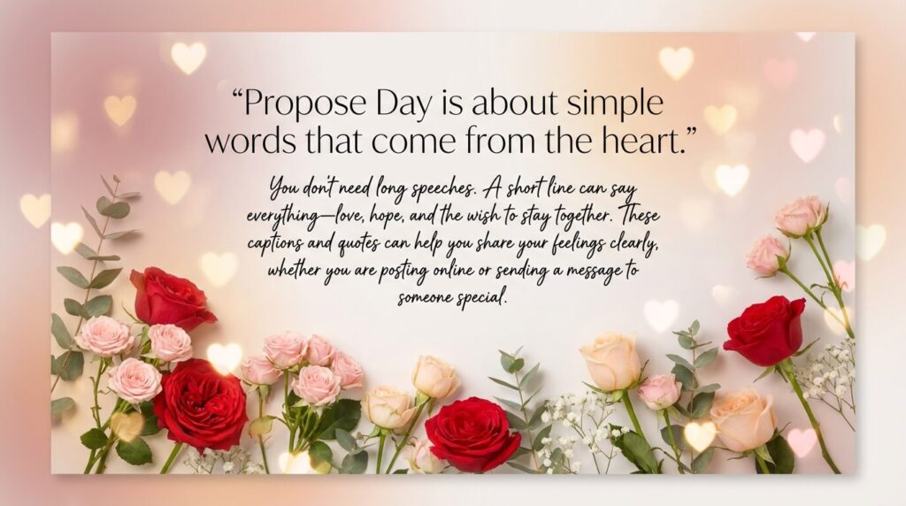 Romantic website banner featuring soft pink gradient background with glowing heart-shaped bokeh lights and decorative red and pastel roses along the bottom, displaying the quote “Propose Day is about simple words that come from the heart” in elegant typography.