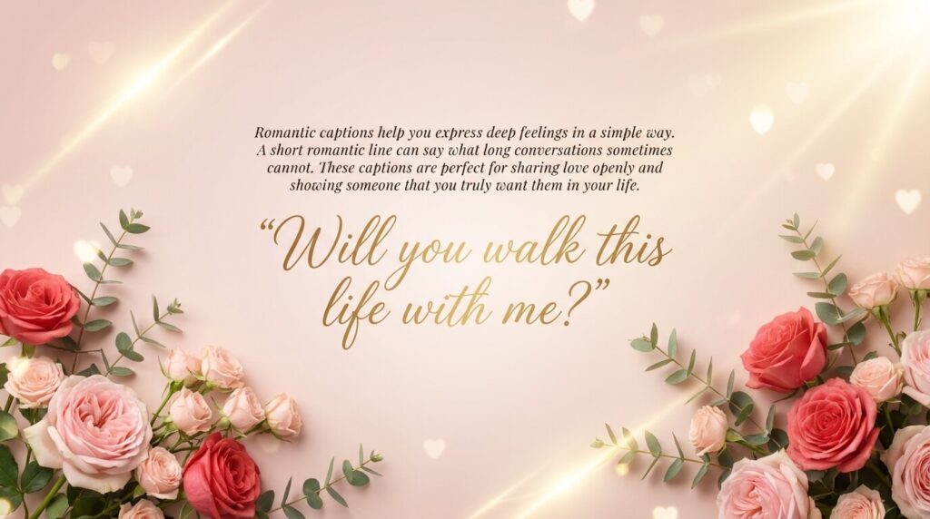 Elegant romantic banner with blush and champagne gradient background, subtle heart-shaped light effects, floral rose decorations at the corners, and decorative script text reading “Will you walk this life with me?” centered in stylish calligraphy.