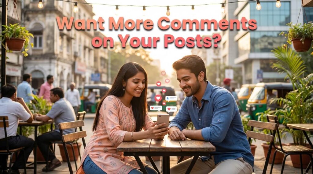 A young couple sitting at an outdoor café, looking at a smartphone screen with visible comment bubbles and social media notifications, symbolizing increased Instagram engagement.
