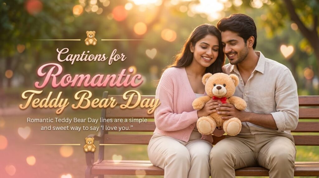 Image showing one couple sitted on a park chair, holding teddy bear in hands...and title "Romantic Teddy bear day captions and Quotes" text are written on image