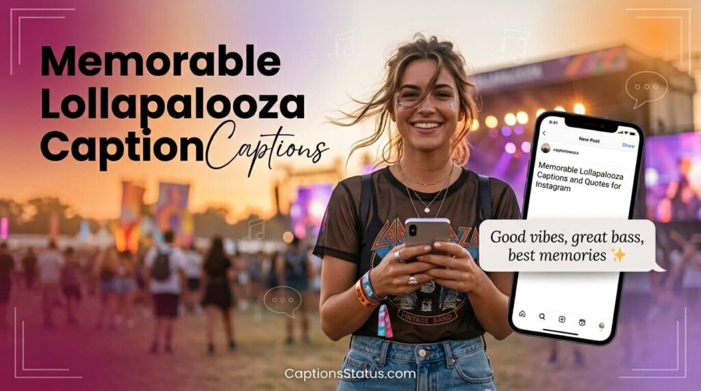 Featured image for Lollapalooza Instagram captions blog post confident festival-goer holding phone with caption draft, golden hour lighting, vibrant blurred crowd background,