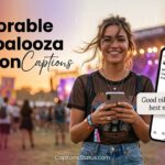 Featured image for Lollapalooza Instagram captions blog post confident festival-goer holding phone with caption draft, golden hour lighting, vibrant blurred crowd background.